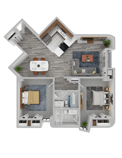 Floor plan for 2 beds, 2 baths, 952 sqft